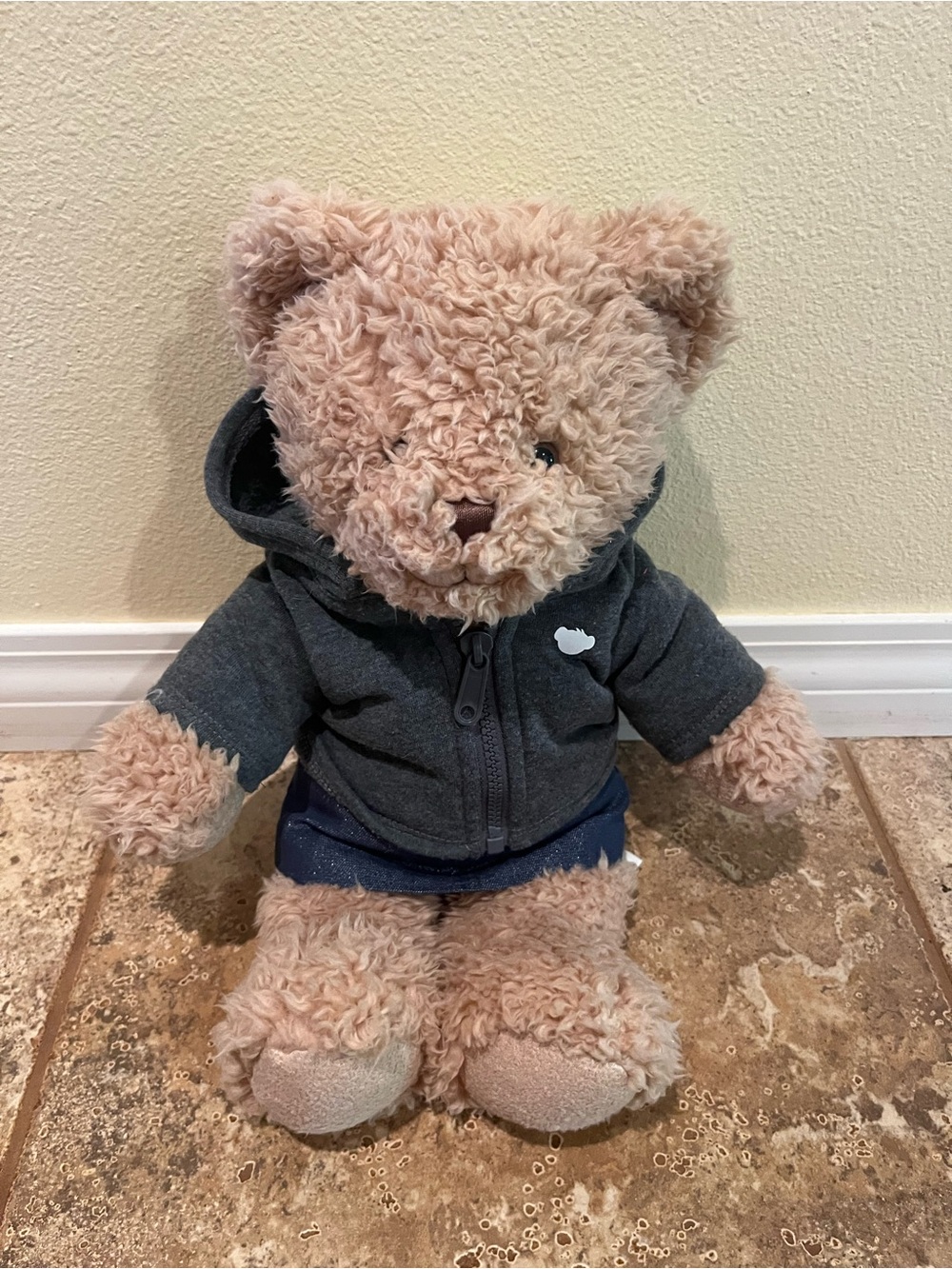 Vintage Build-A-Bear Curly Teddy Plush 16” Gray Hoodie Sparkly Blue Denim Skirt